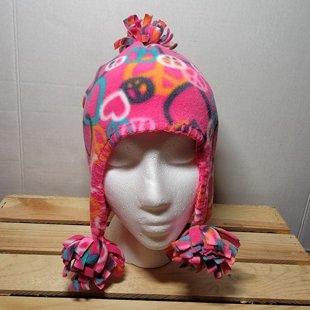 Old Navy Fleece Hat Pink w/ Peace Signs 3 Poms - Size Small